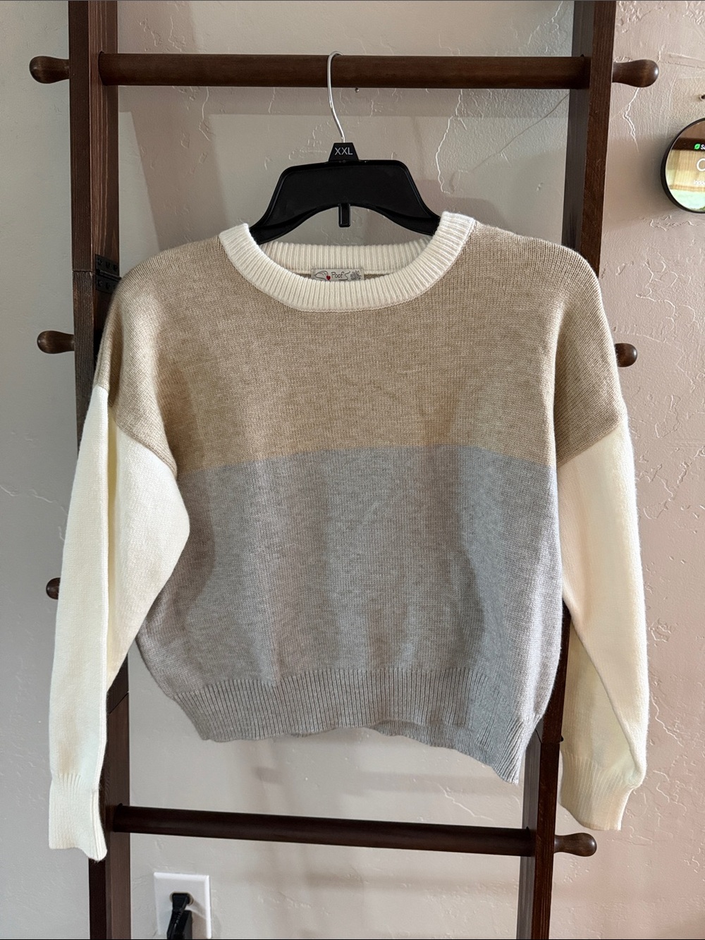 Colorblock Crewneck Sweater in Cream, Tan & Gray